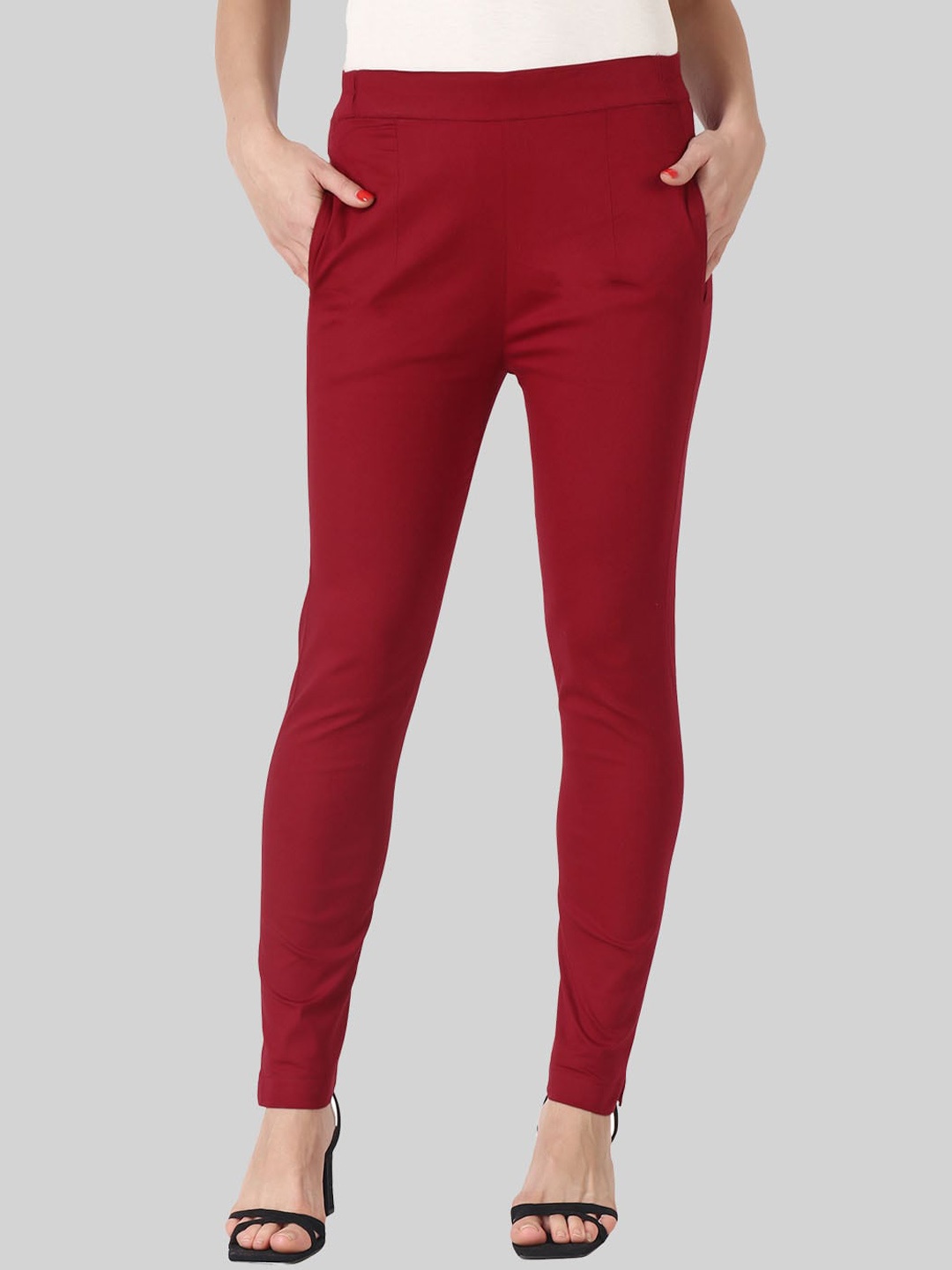 

SAUNDARYA Women Maroon Pencil Tapered Fit Trousers