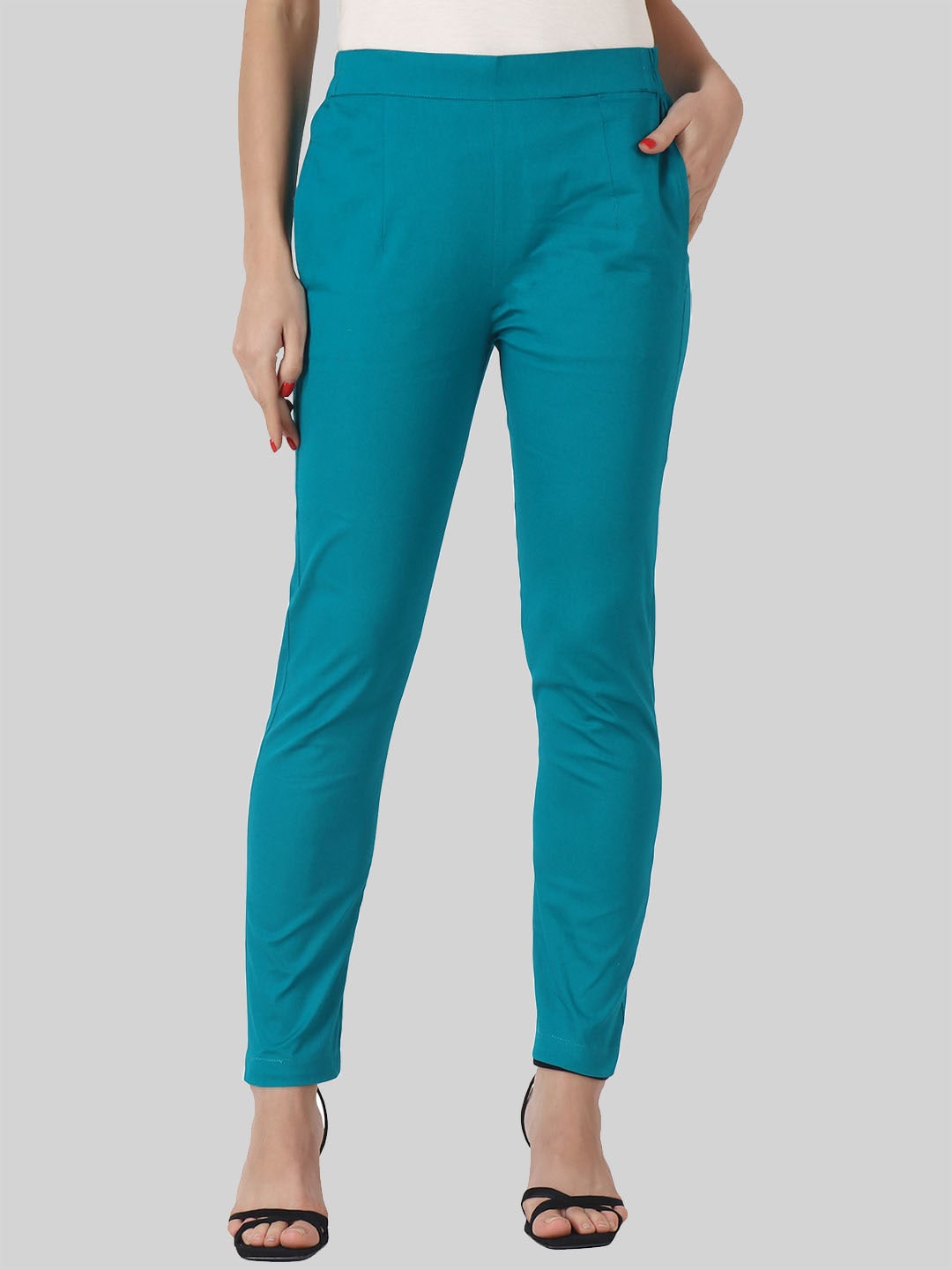 

SAUNDARYA Women Teal Pencil Tapered Fit Easy Wash Trousers