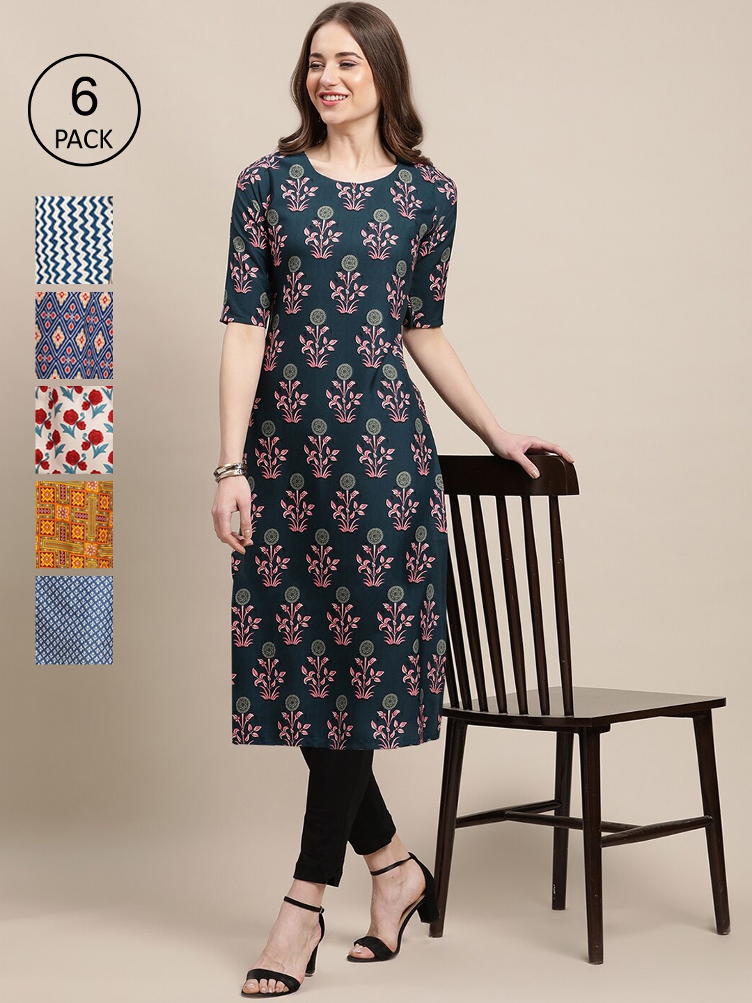 

7Threads Women Pack Of 6 Navy Blue Ethnic Motifs Printed Crepe Kurta