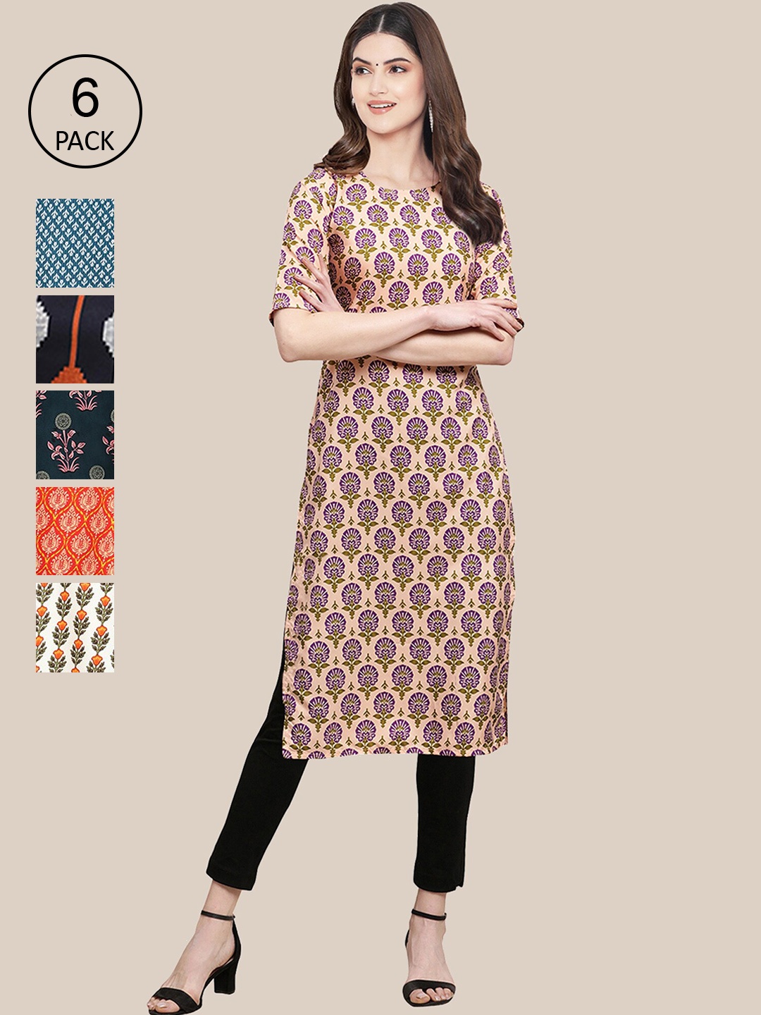 

7Threads Women Multicoloured Pack of 6 Digital Printed Straight Kurta, Multi