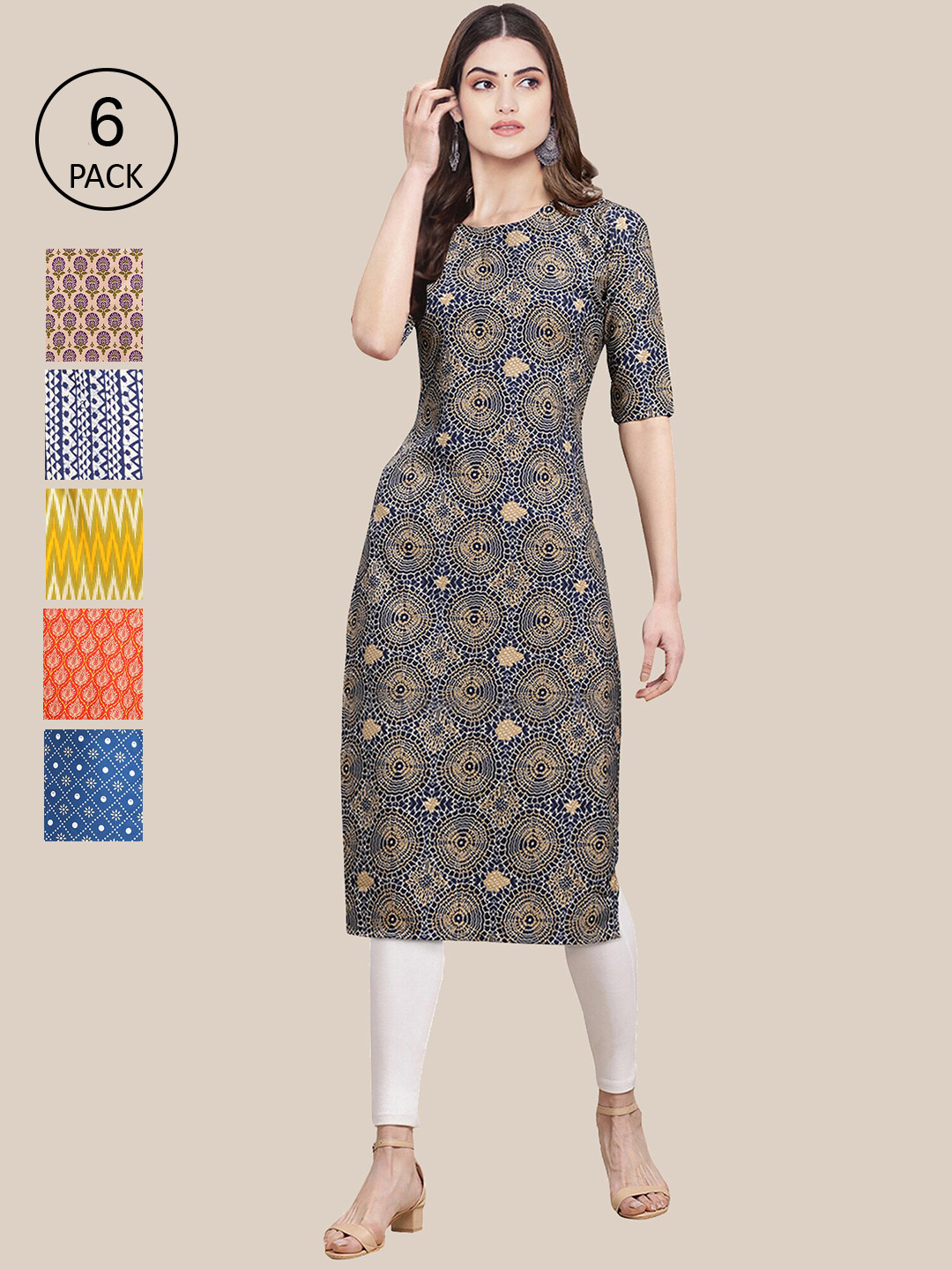 

7Threads Women Pack Of 6 Printed Crepe Straight Kurta, Blue