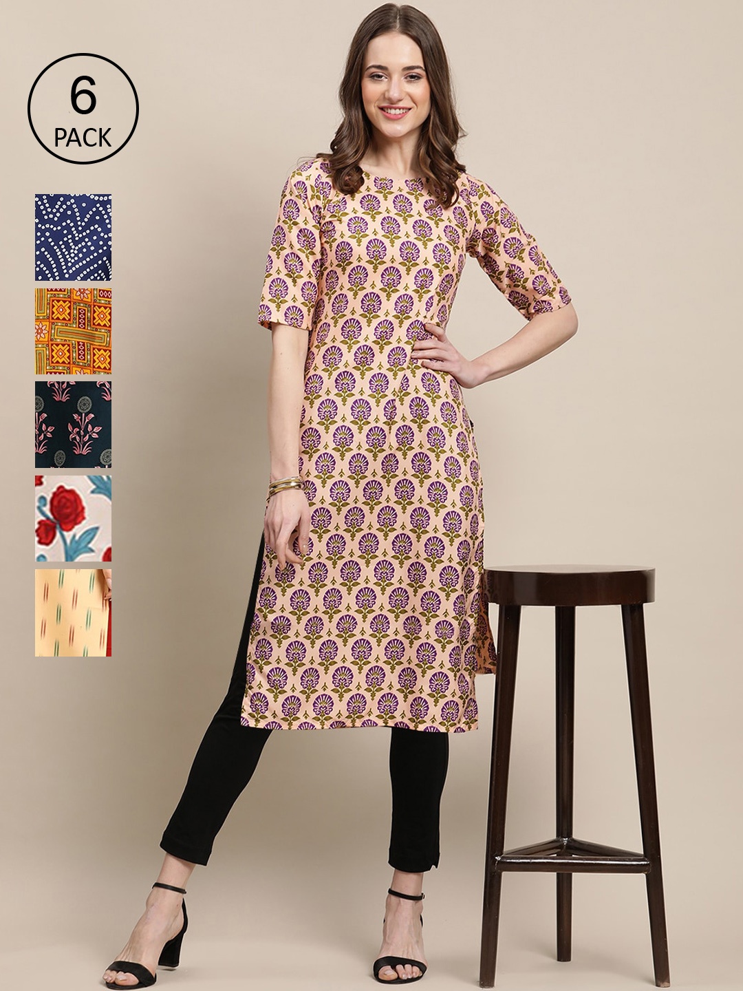 

7Threads Women Pack Of 6 Printed Crepe Straight Kurta, Yellow