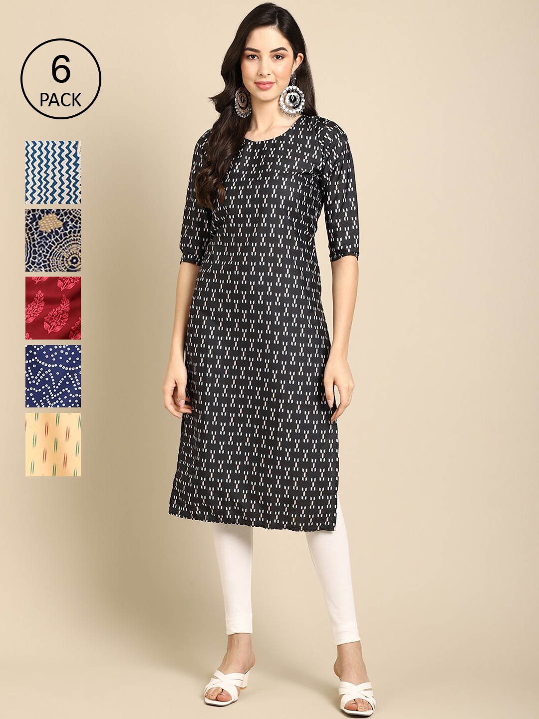 

7Threads Women Pack Of 6 Printed Crepe Straight Kurta, Blue