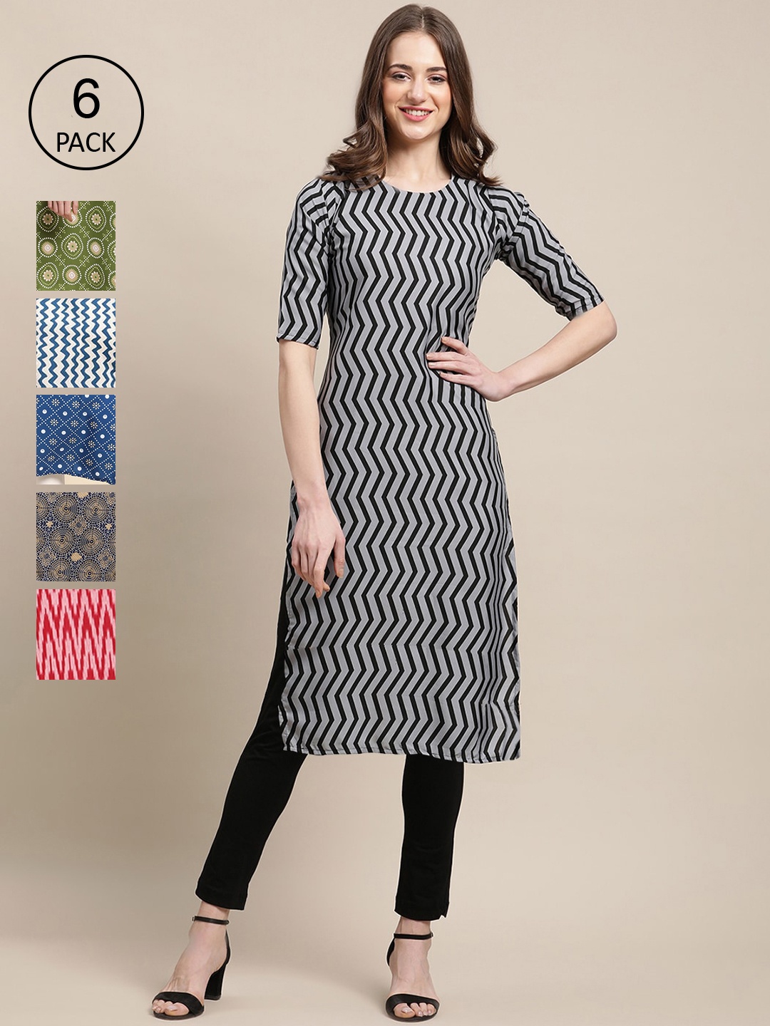 

7Threads Women Pack of 6 Grey & Red Ethnic Motifs Printed Crepe Kurta