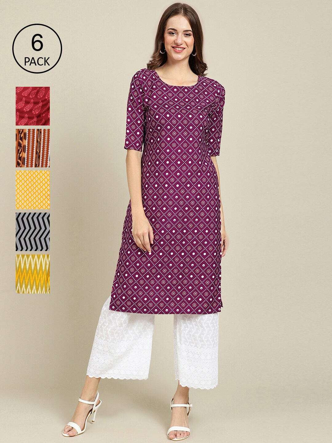 

7Threads Women Pack of 6 Purple & Yellow Ethnic Motifs Printed Crepe Kurta