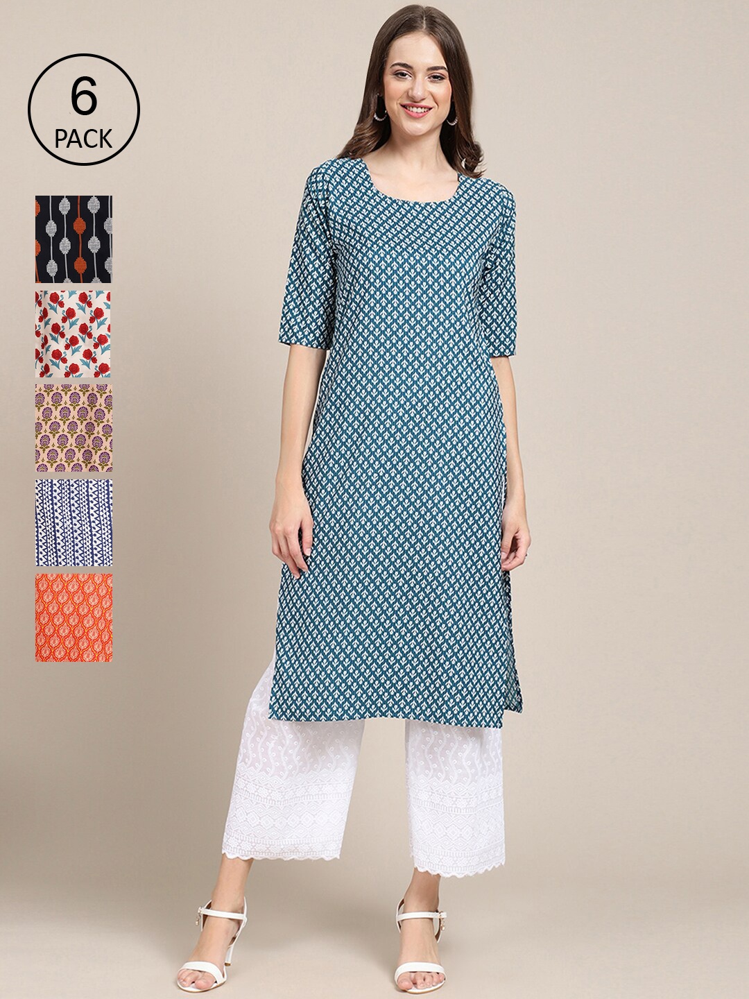 

7Threads Women Pack of 6 Ethnic Motifs Printed Crepe Kurta, Multi