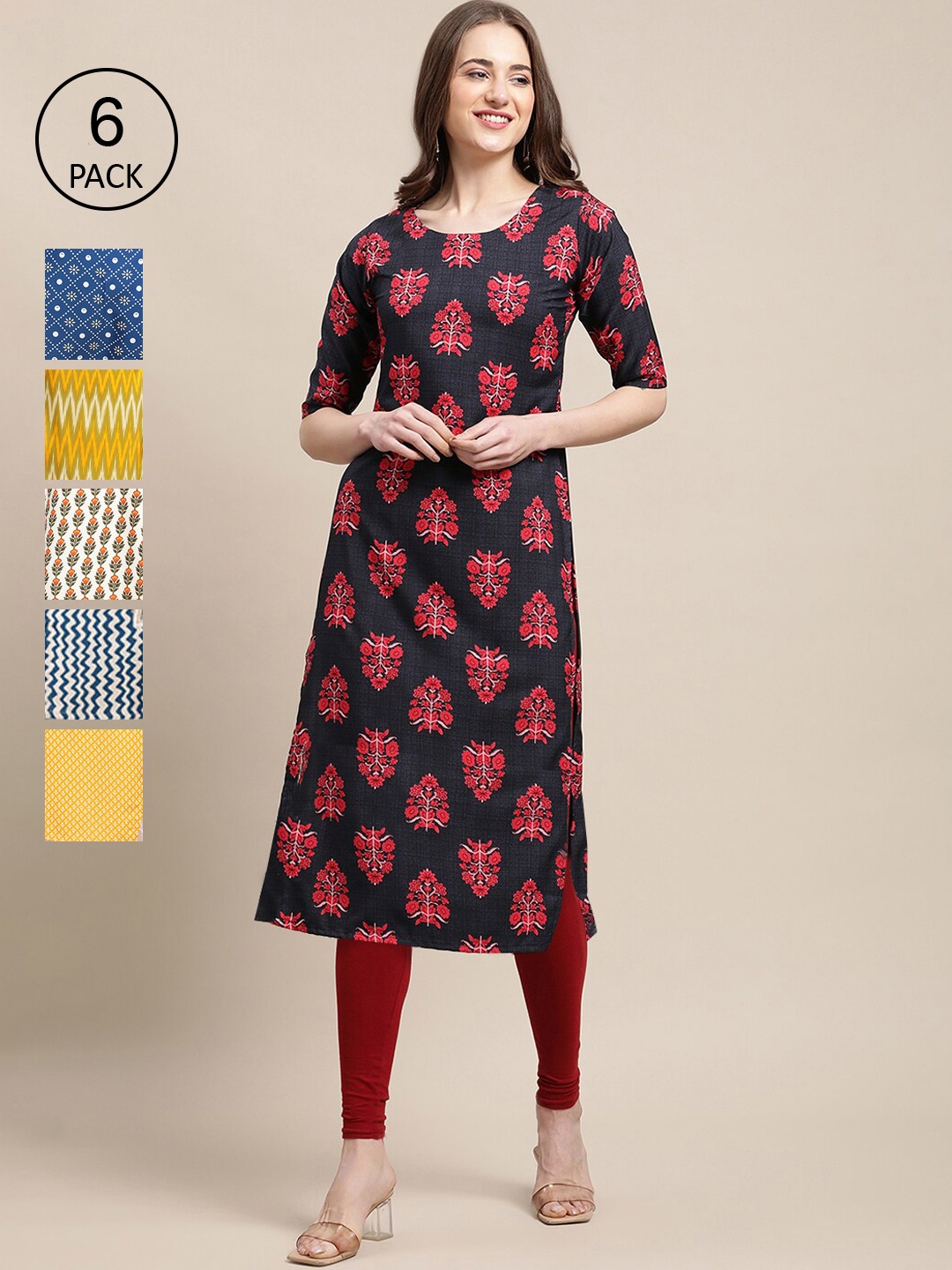 

7Threads Women Red And Black Thread Work Crepe Kurta [PACK OF 6]