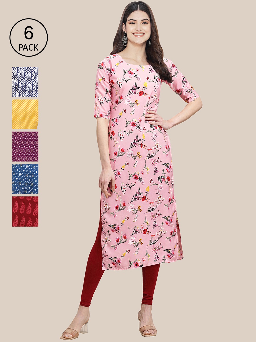 

7Threads Women Pack of 6 Geometric Printed Crepe Kurta, Pink