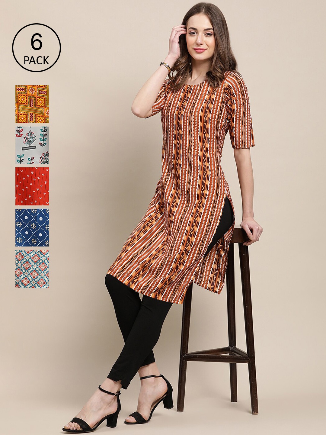 

7Threads Women Pack Of 6 Printed Summer Sheers Crepe Kurta, Red