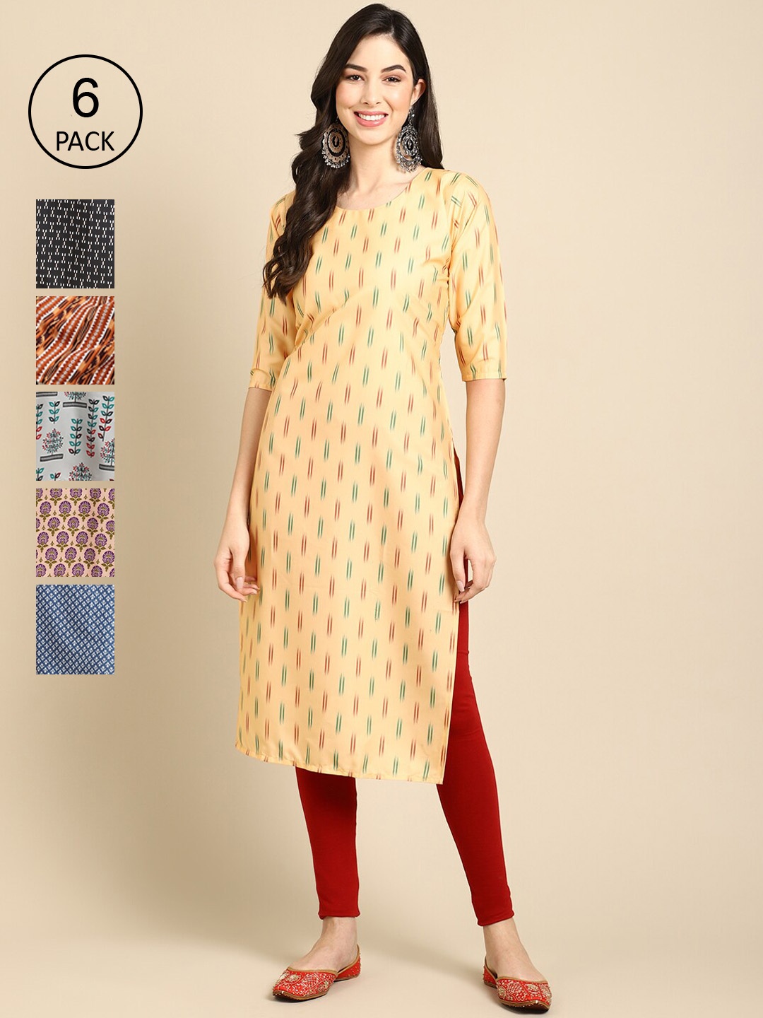 

7Threads Women Pack of 6 Gold-Toned & Peach-Coloured Printed Crepe Kurta