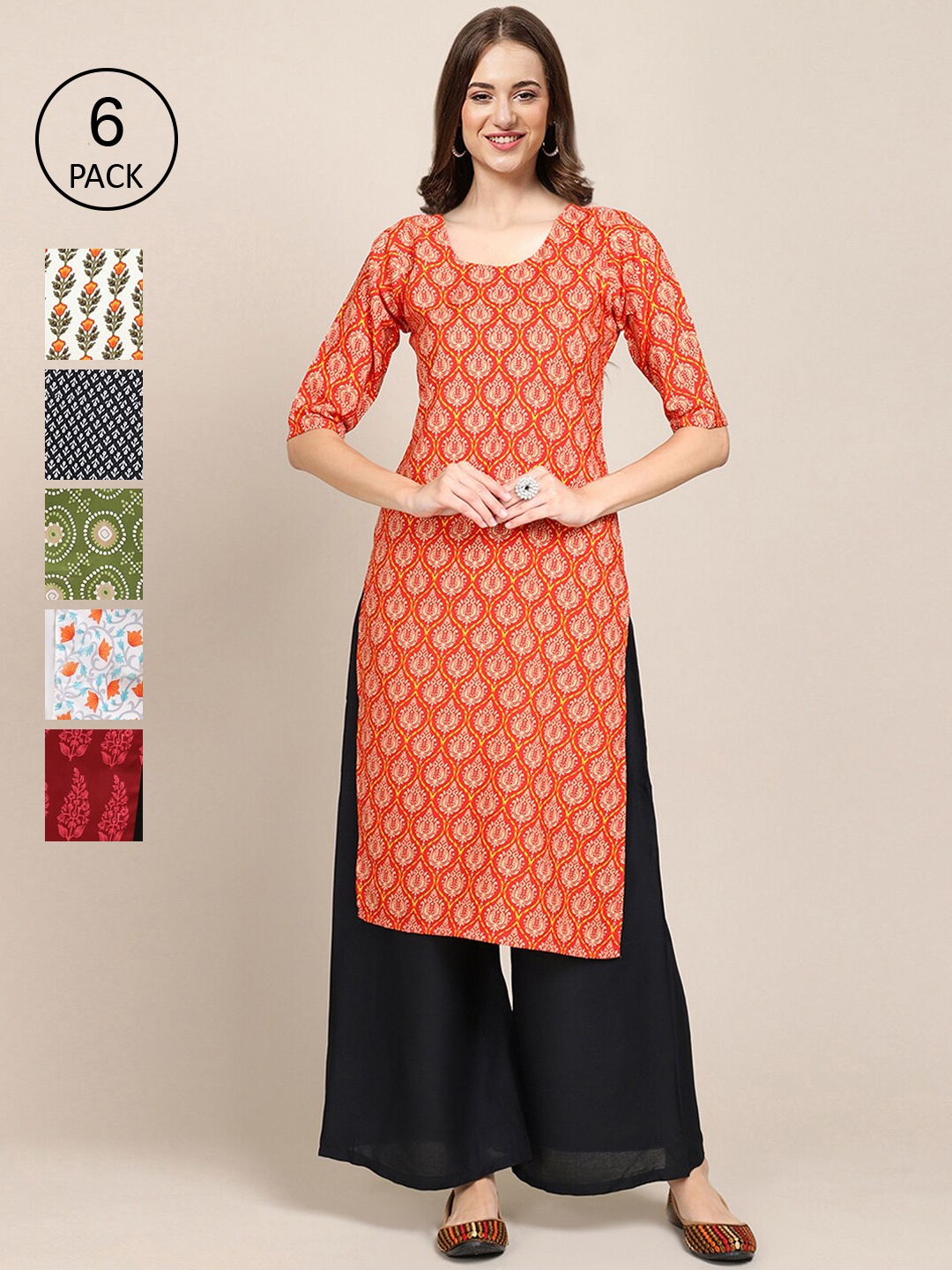 

7Threads Women Pack of 6 Digital Printed Crepe Straight Kurta, Red