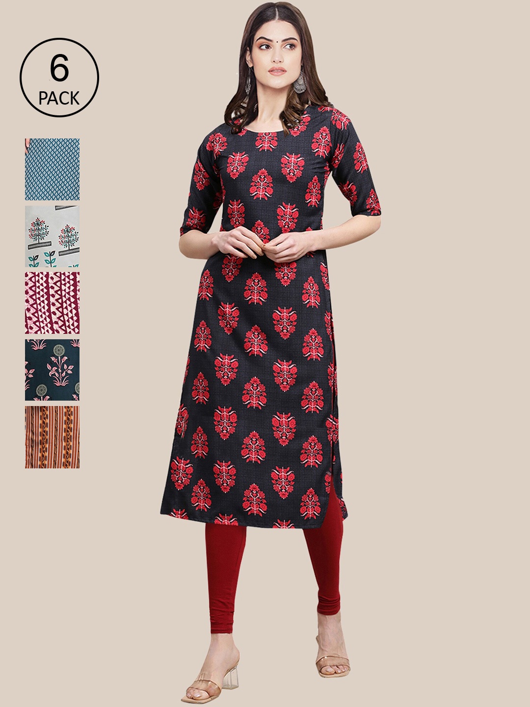 

7Threads Women Pack of 6 Digital Printed Crepe Straight Kurtas, Red