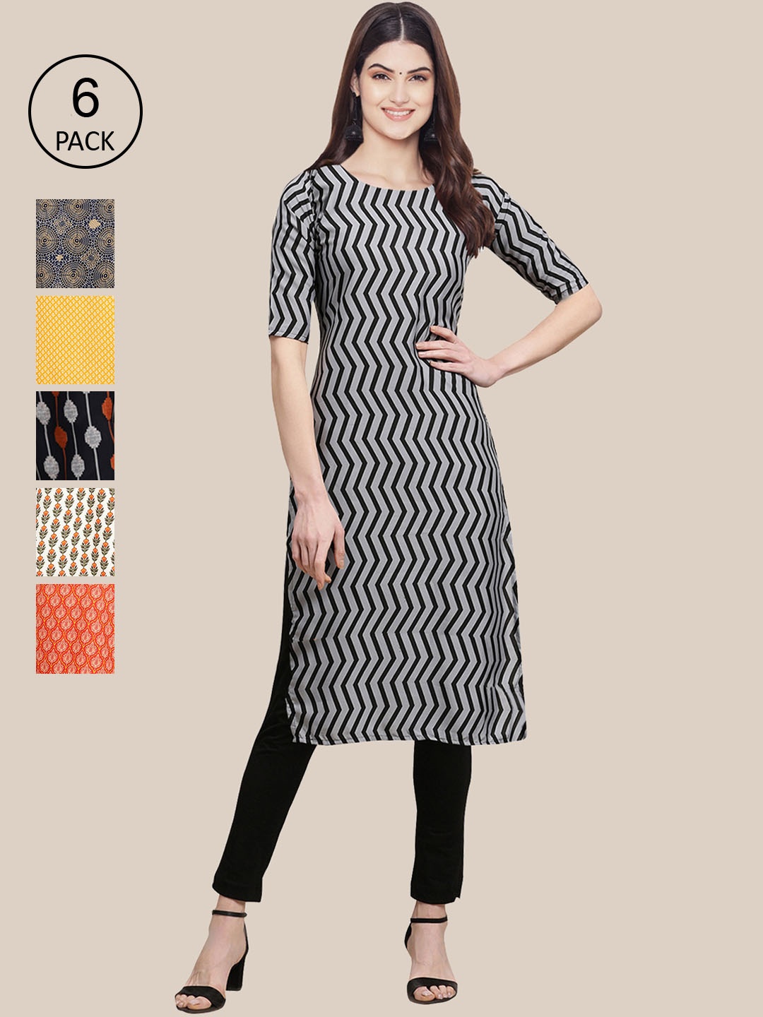 

7Threads Women Black And White Crepe Kurta [PACK OF 6]