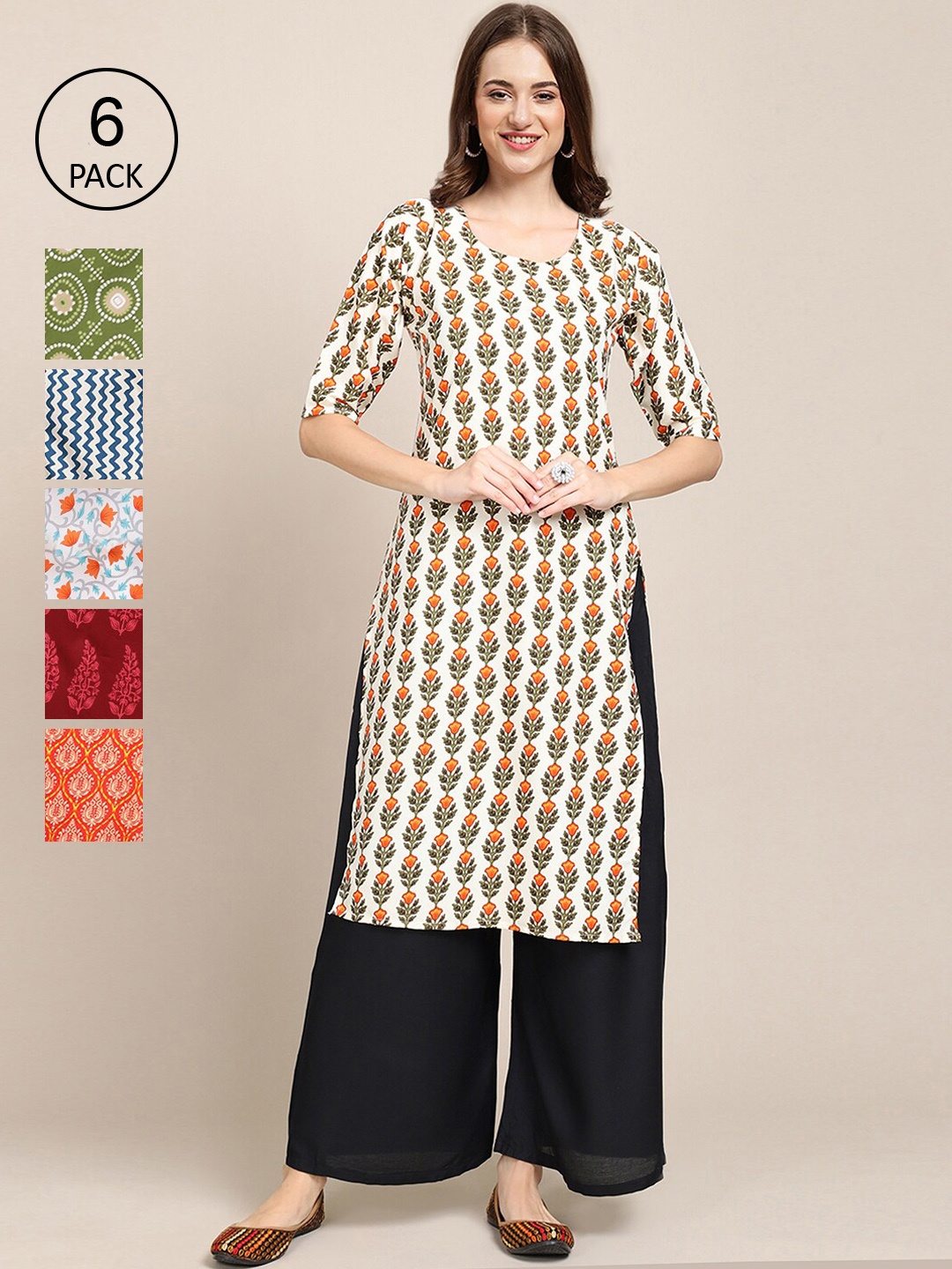 7Threads Women Orange & Green Floral Printed Crepe Kurta
