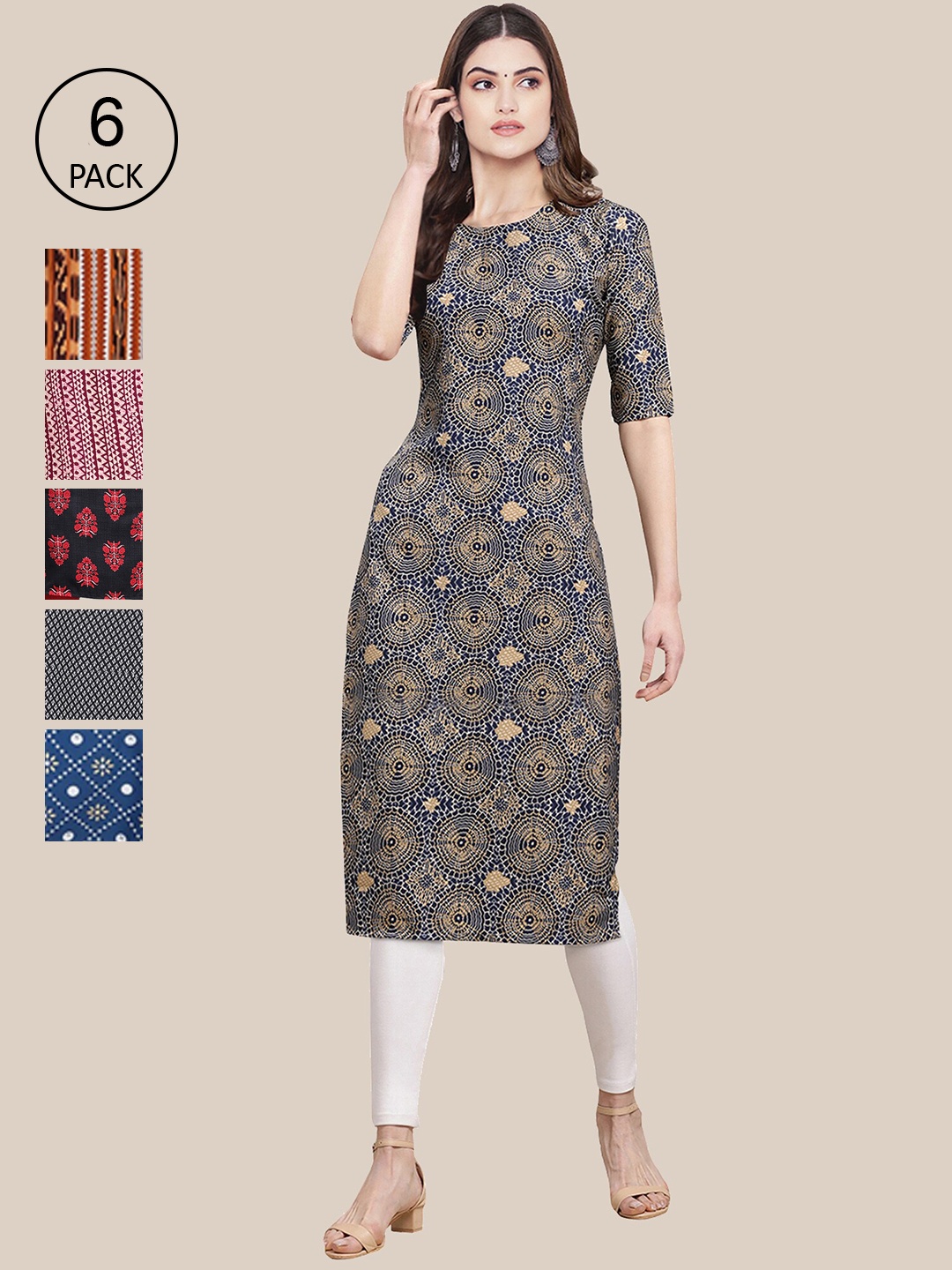 

7Threads Pack Of 6 Women Printed Crepe Kurta, Grey