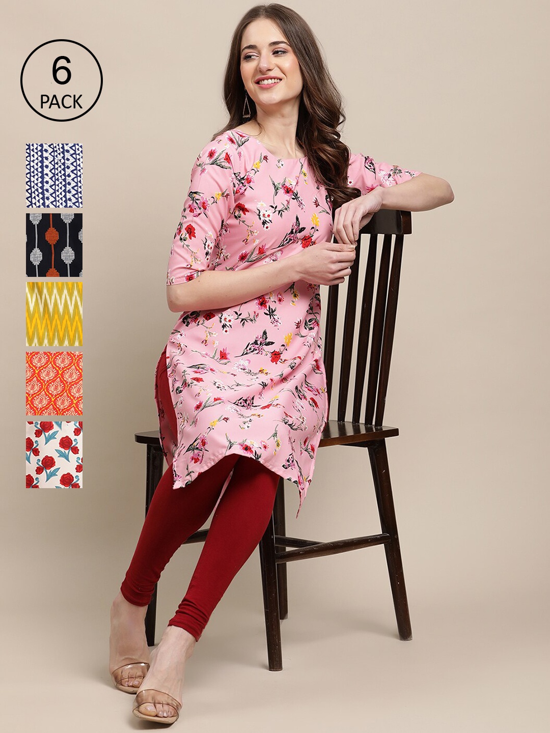 

7Threads Pack of 6 Women Pink & Beige Floral Printed Crepe Kurta