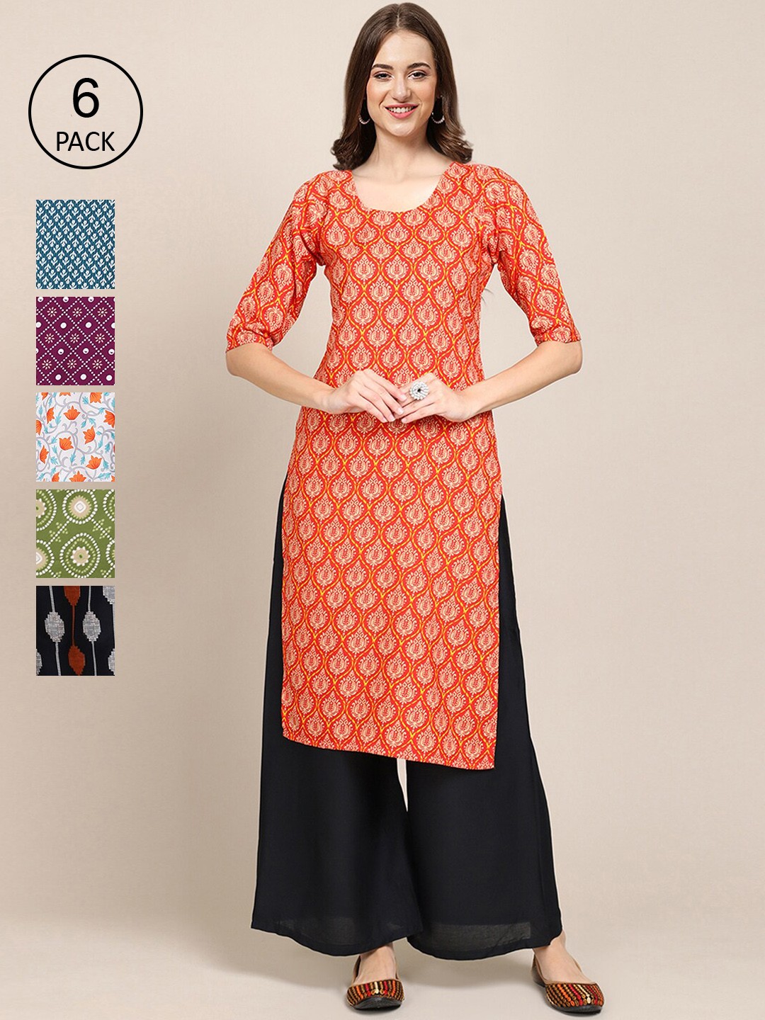 

7Threads Women Pack Of 6 Geometric Printed Crepe Kurta, Orange