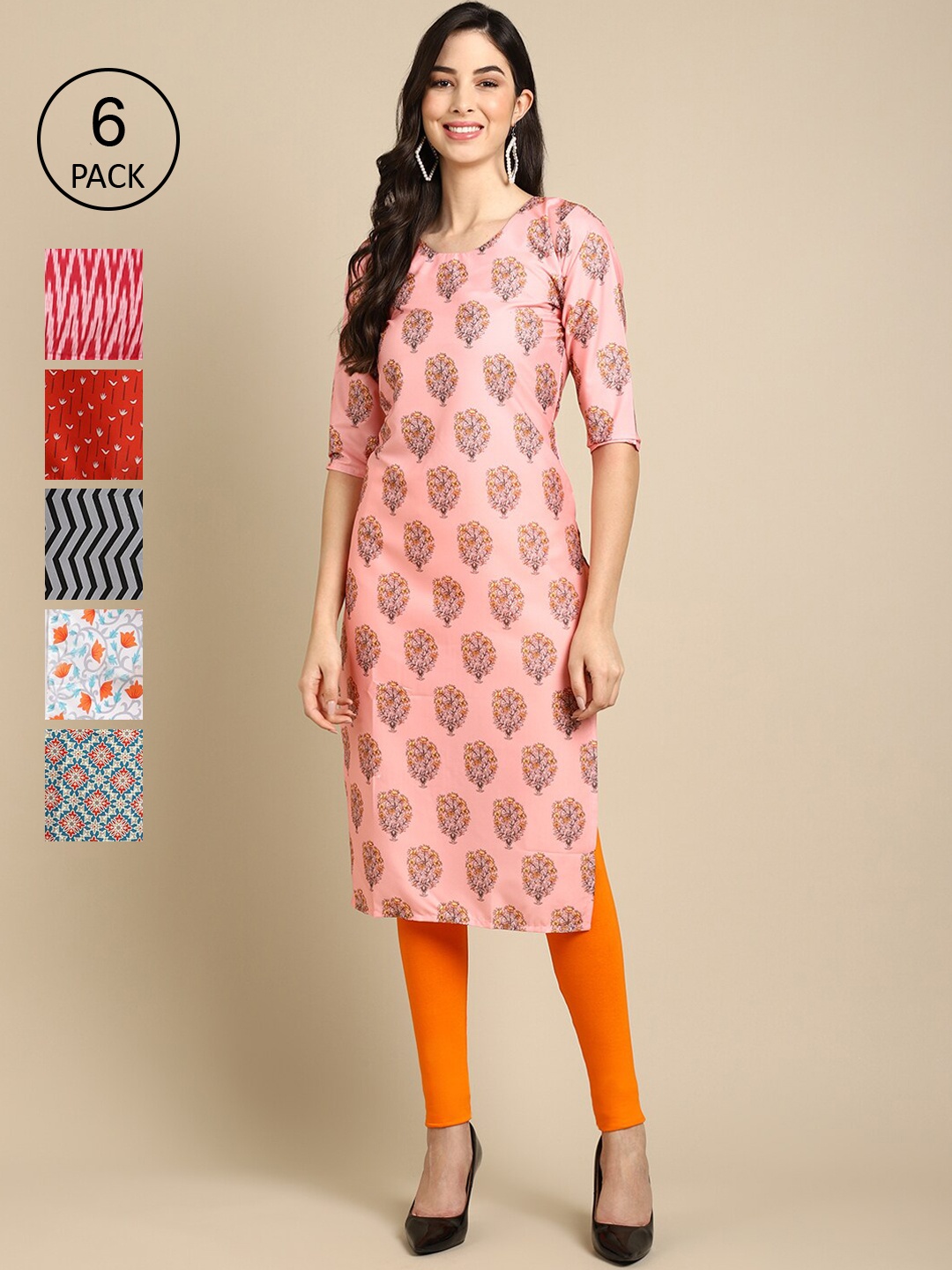 

7Threads Women Multicoloured Pack of 6 Digital Printed Straight Kurta Kurta, Multi