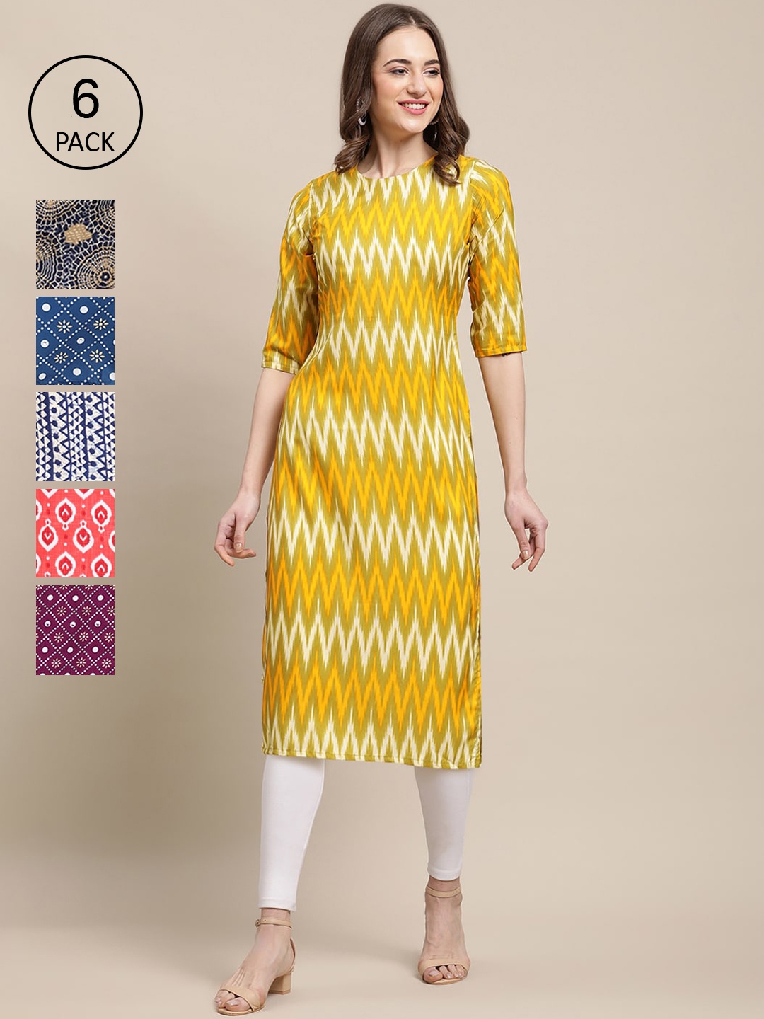 

7Threads Women Pack Of 6 Printed Summer Sheers Crepe Kurta, Yellow