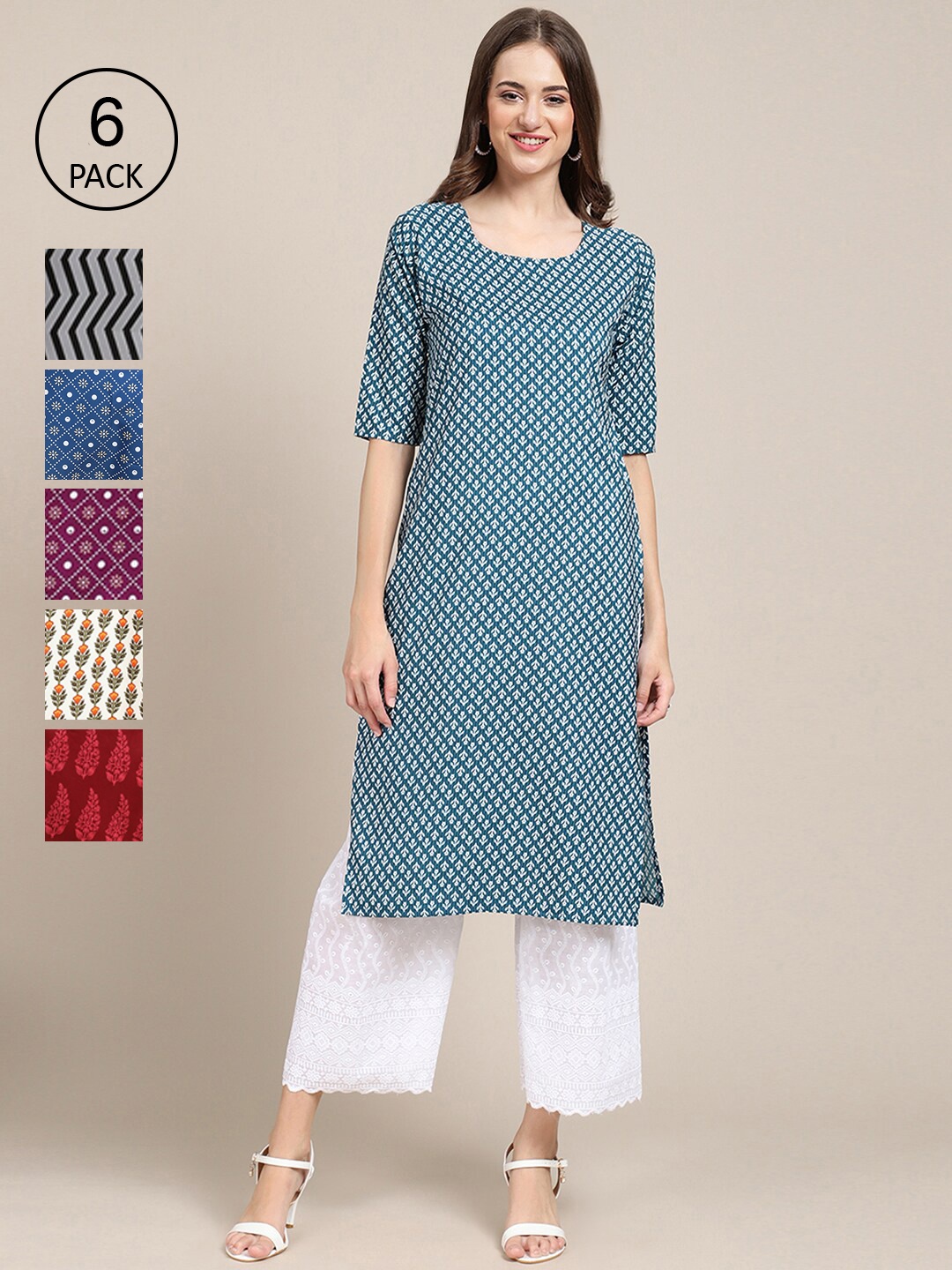 

7Threads Pack of 6 Women Grey & Blue Geometric Printed Crepe Kurta
