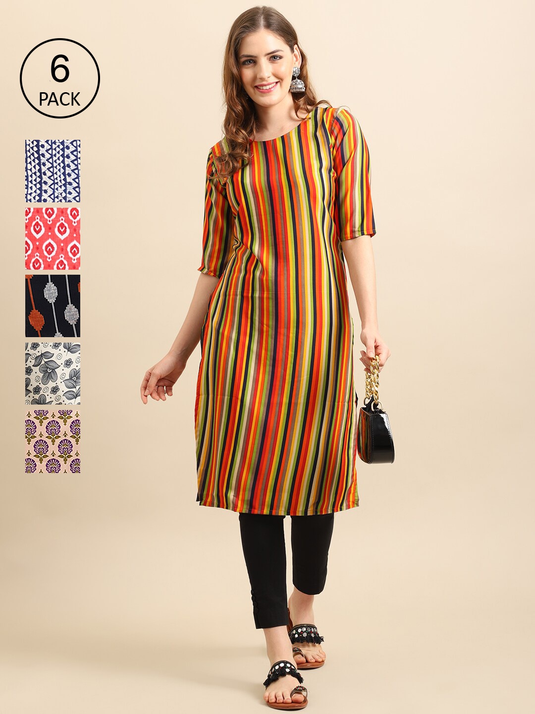 

7Threads Women Pac of 6 Geometric Printed Crepe Kurta, Red