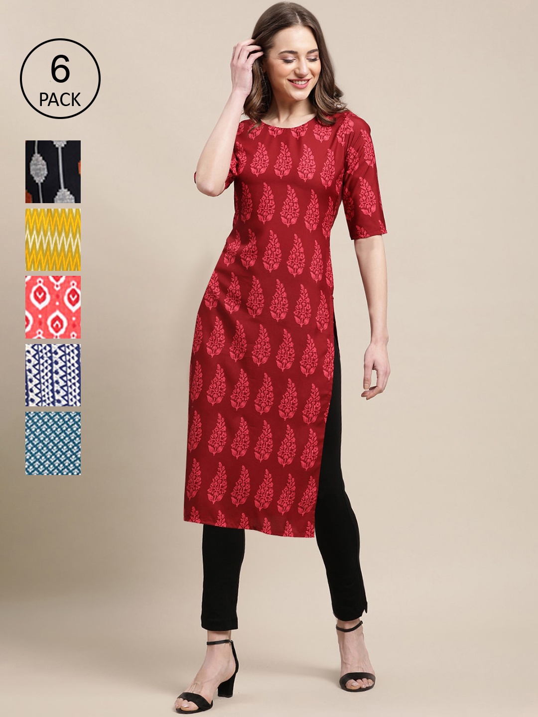 

7Threads Women Pack of 6 Ethnic Motifs Printed Crepe Kurta, Red