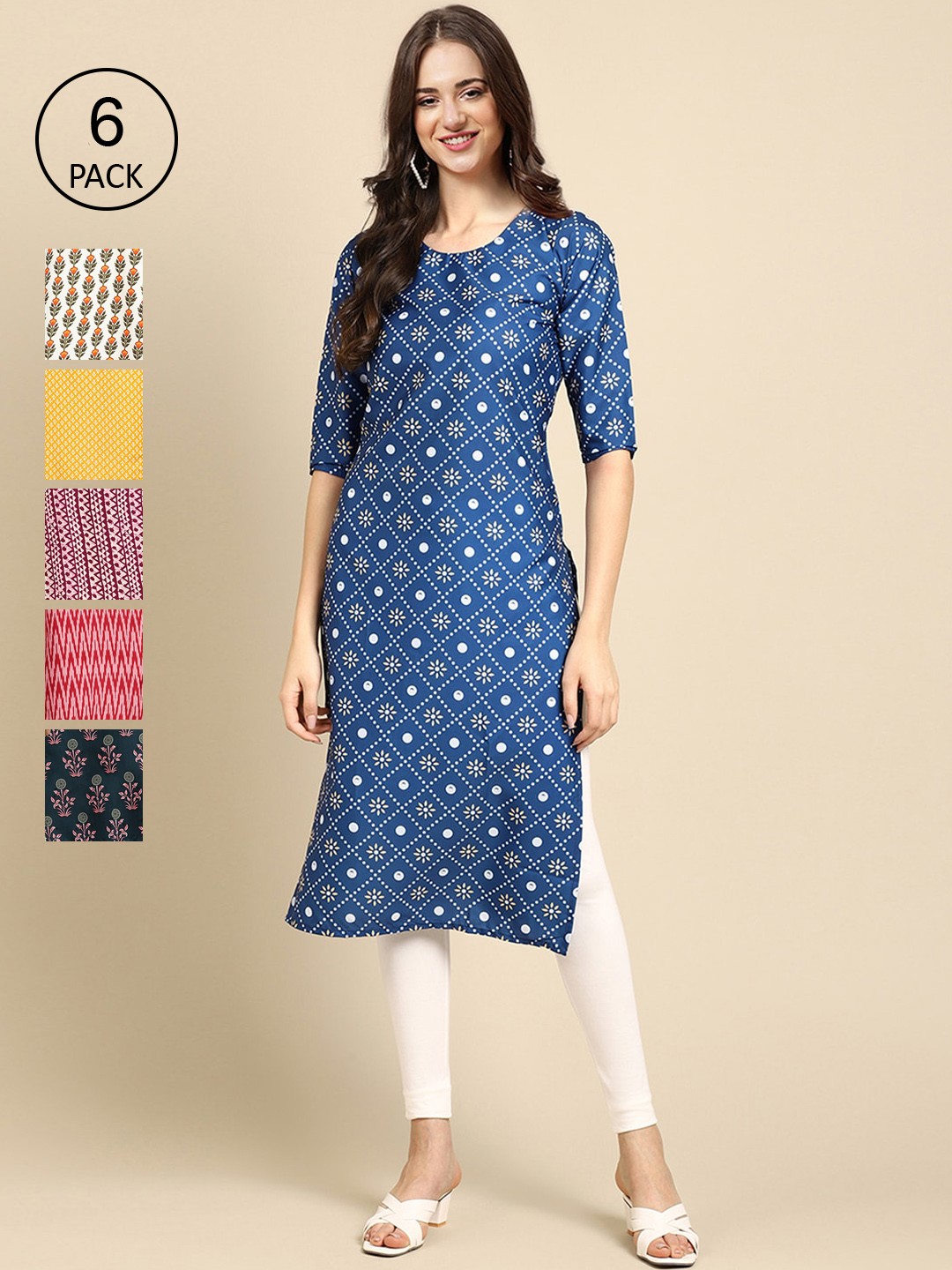 

7Threads Women Pack Of 6 Multicoloured Geometric Printed Crepe Kurta, Multi