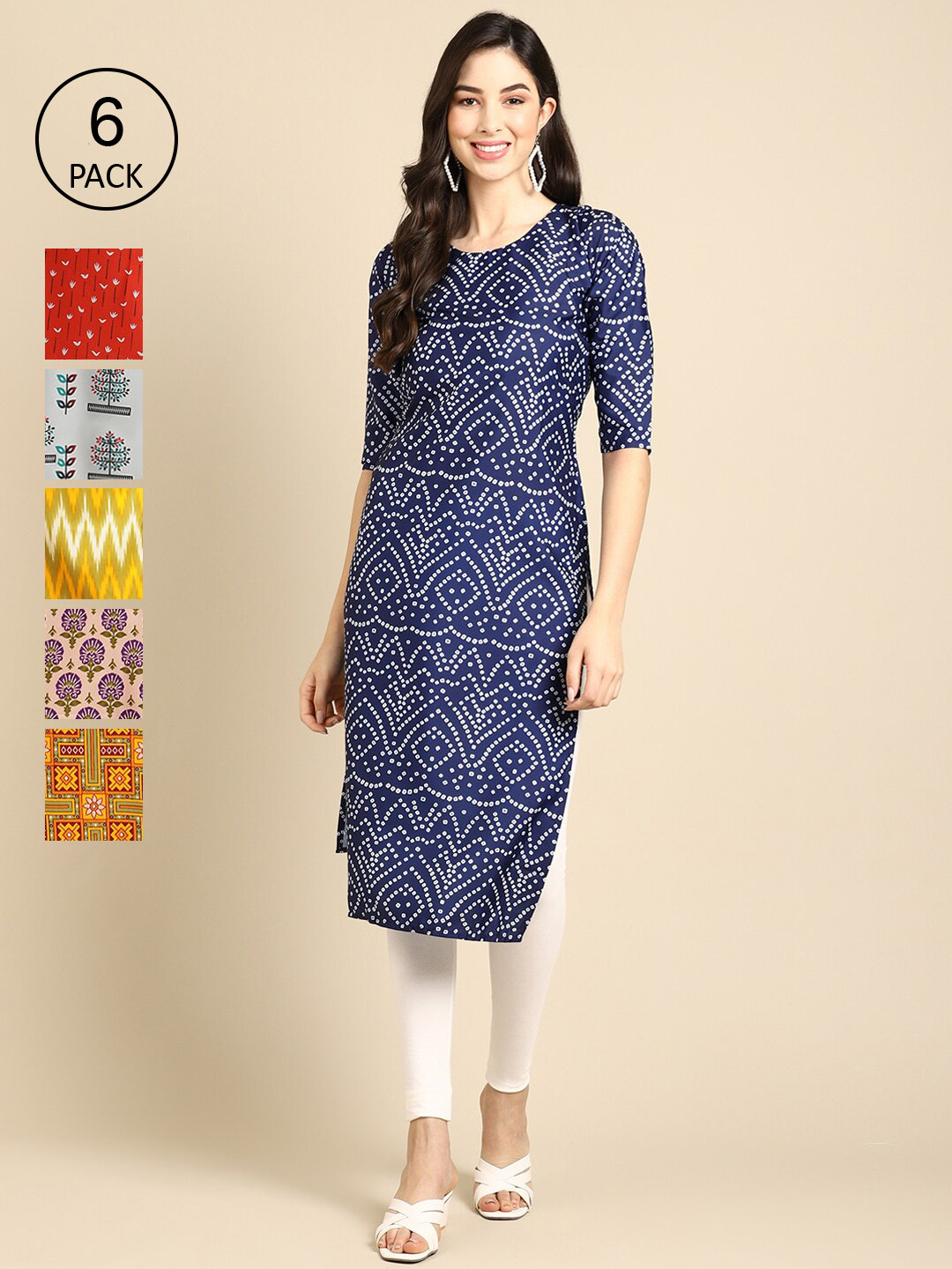 

7Threads Women Pack Of 6 Multicoloured Floral Printed Crepe Kurta, Multi