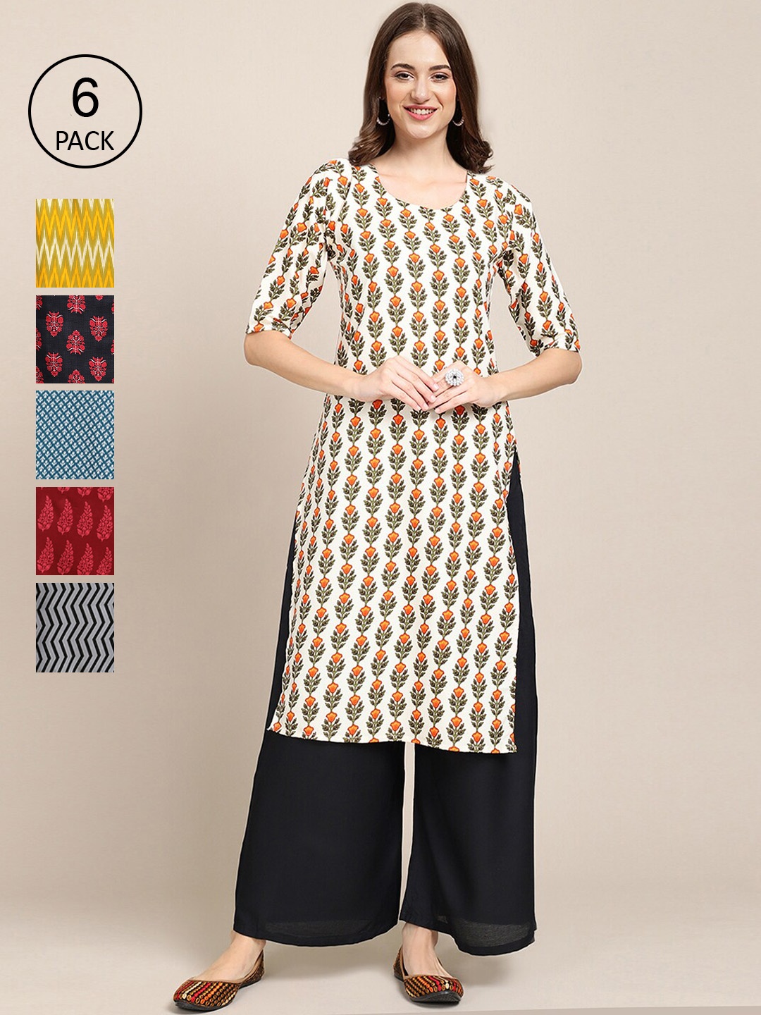 

7Threads Women Pack Of 6 Multicoloured Ethnic Motifs Printed Crepe Kurta, Multi