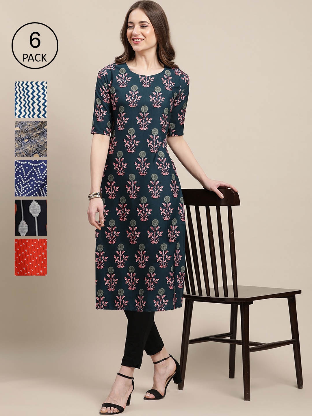 

7Threads Women Pack Of 6 Multicoloured Floral Printed Crepe Kurta, Multi