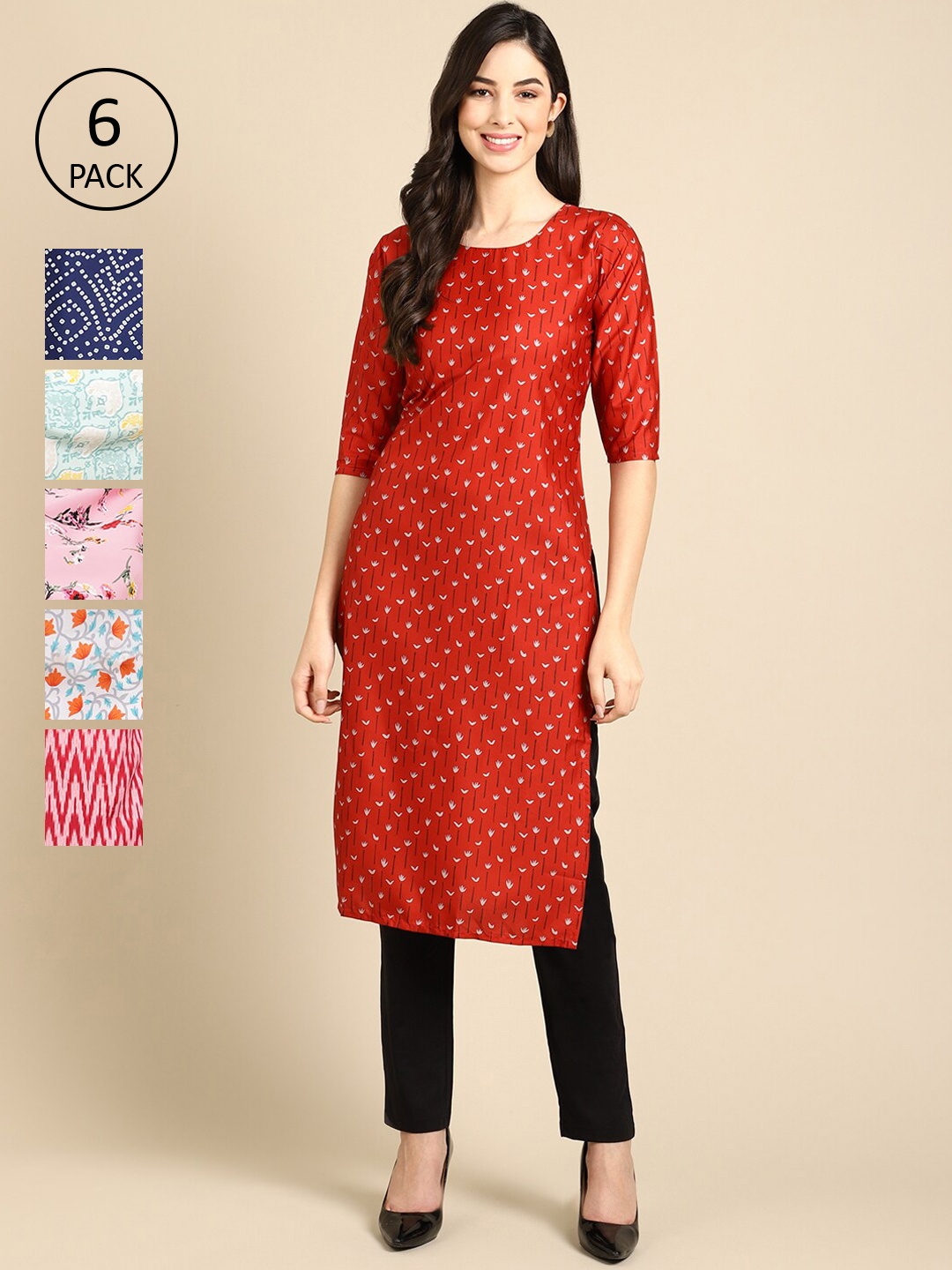 

7Threads Women Pack Of 6 Multicoloured Floral Printed Floral Crepe Kurta, Multi