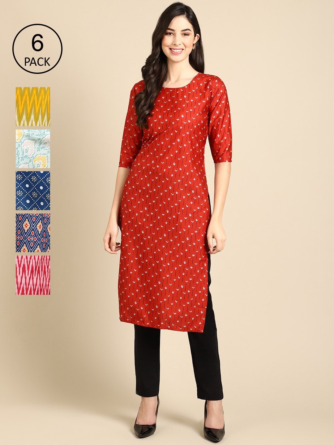 

7Threads Women Pack Of 6 Geometric Printed Crepe Kurta, Red