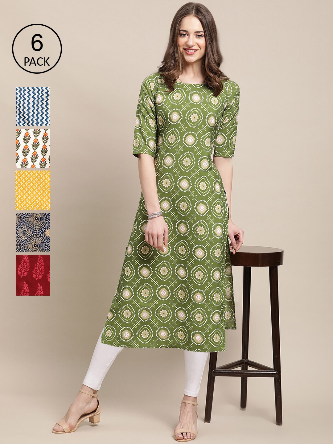 

7Threads Women Pack Of 6 Ethnic Motifs Printed Crepe Kurta, Green