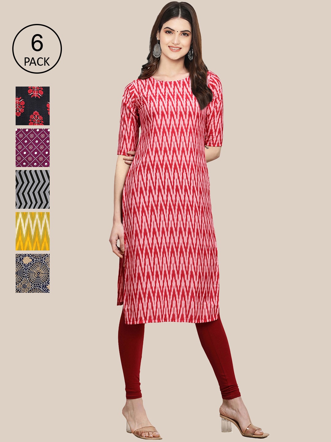 

7Threads Women Pack Of 6 Geometric Printed Crepe Kurta, Red