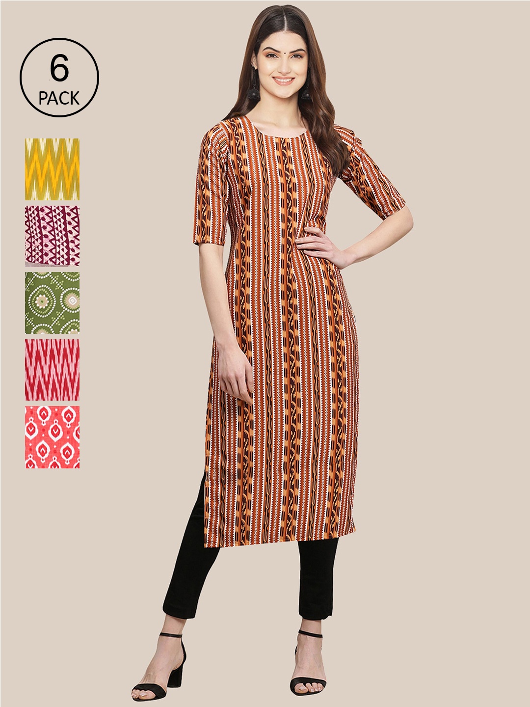 7Threads Women Pack Of 6 Printed Crepe Straight Kurta, Pink