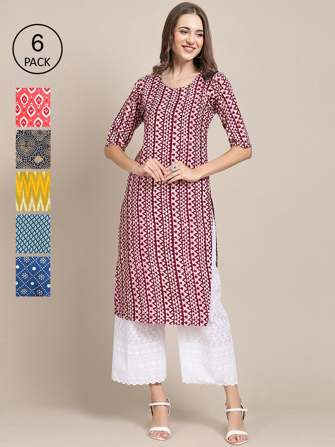 

7Threads Women Pack of 6 Geometric Printed Crepe Kurta, Blue