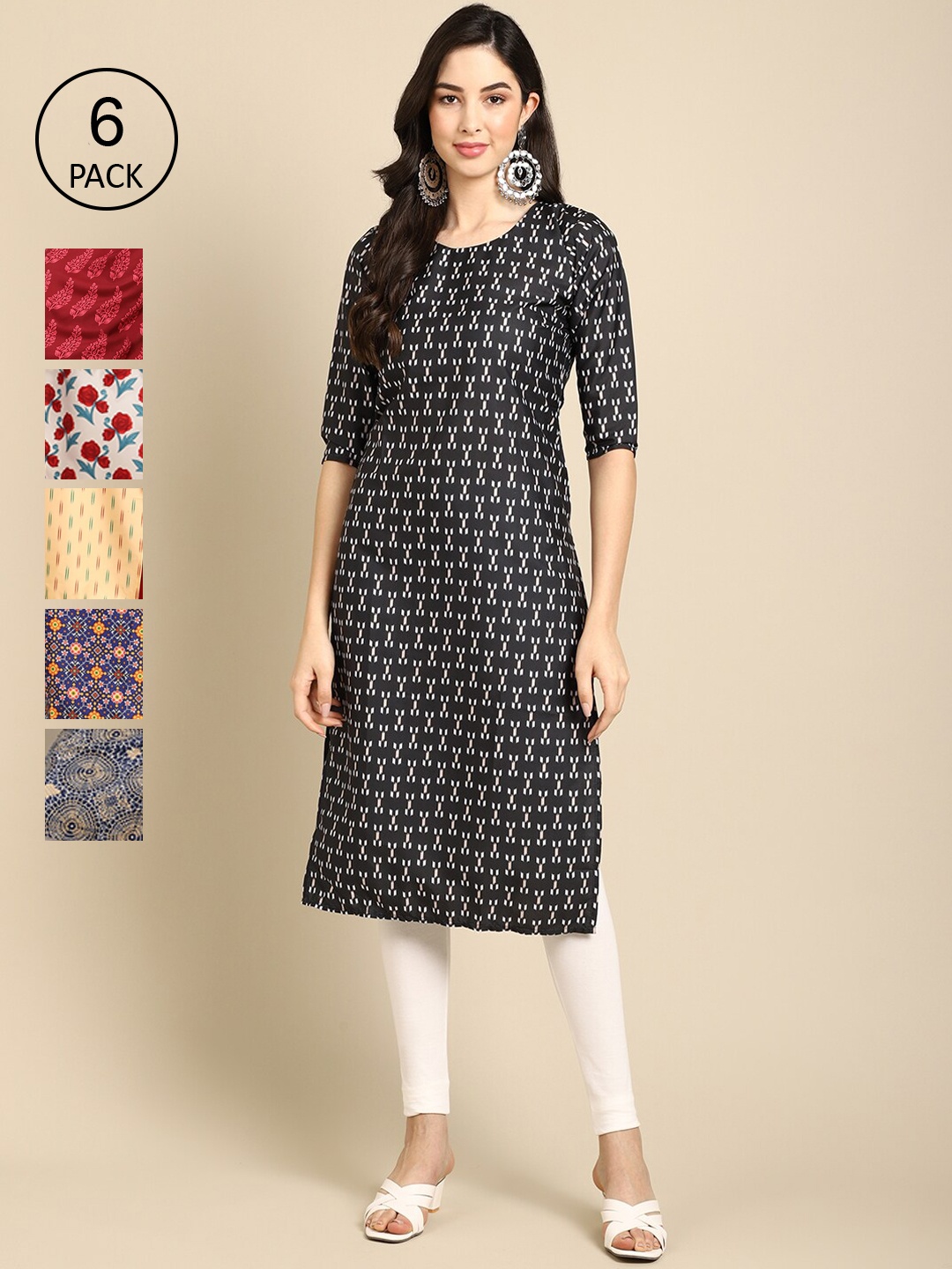 

7Threads Women Pack of 6 Geometric Printed Crepe Kurta, Red