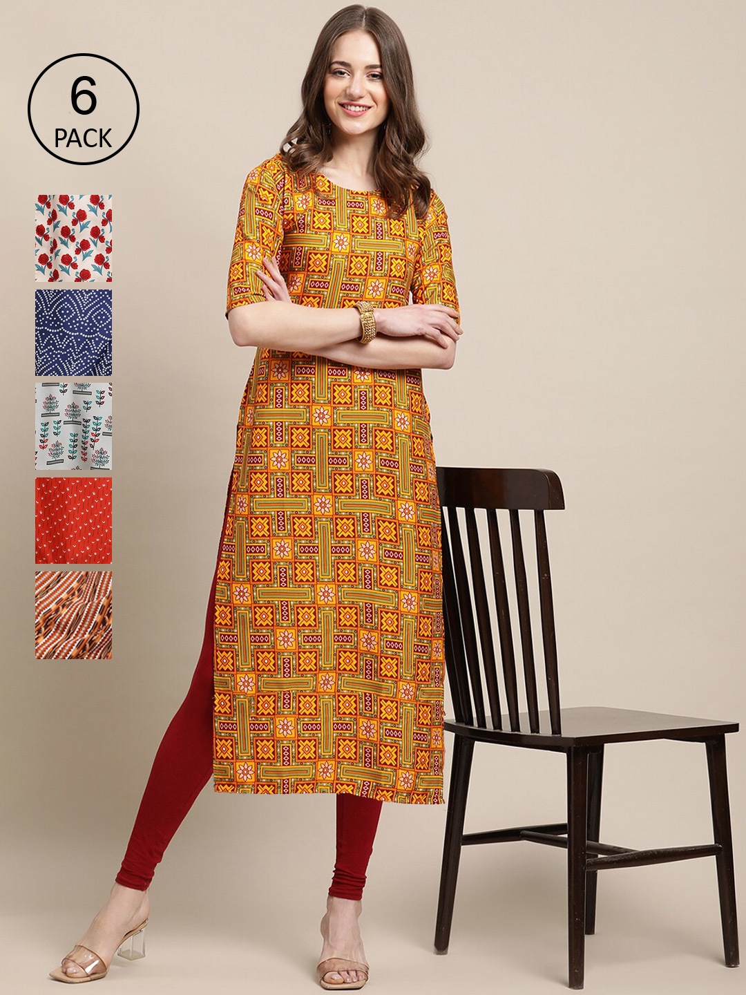 

7Threads PACK OF 6 Women Ethnic Motifs Printed Crepe Kurta, Mustard