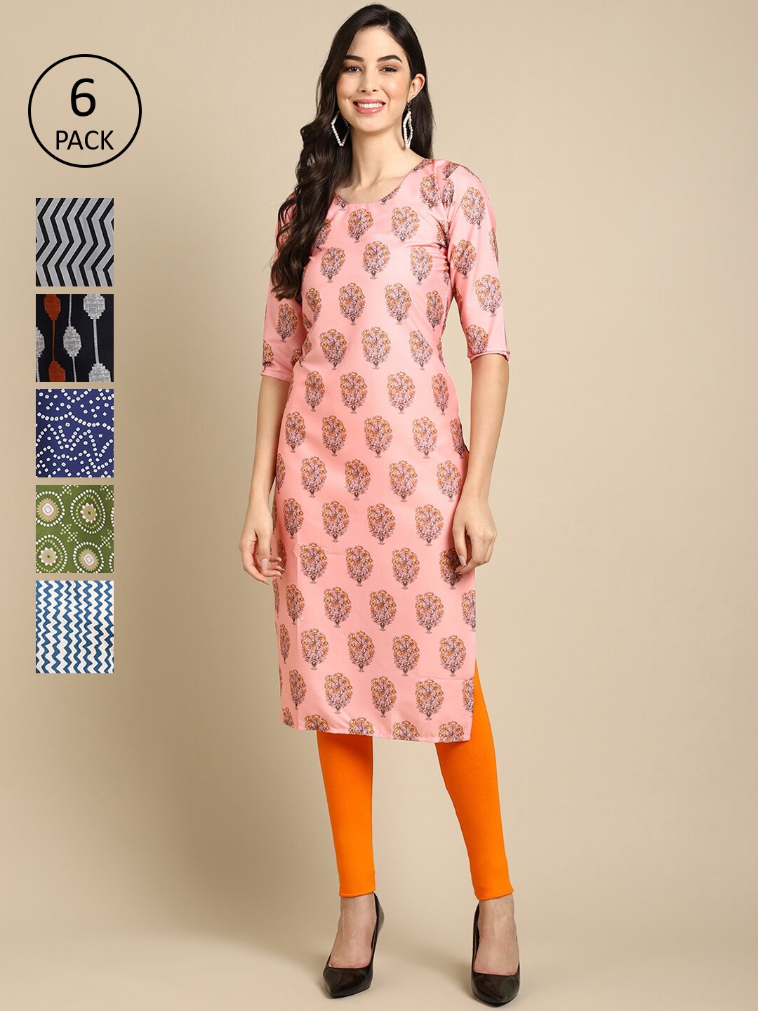 

7Threads PACK OF 6 Women Ethnic Motifs Printed Crepe Kurta, Pink