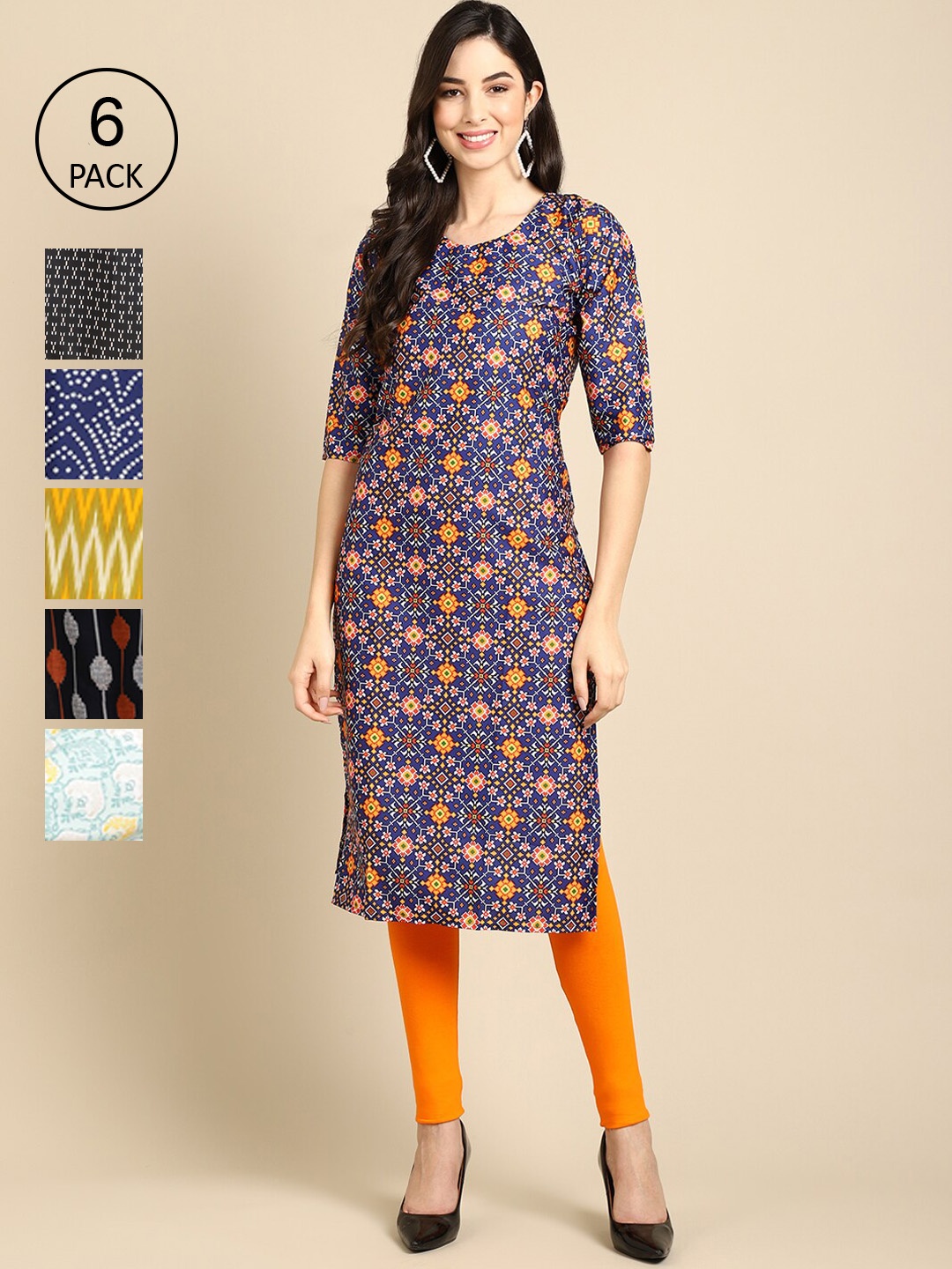 

7Threads Women Pack of 6 Geometric Printed Crepe Straight Kurta, Yellow