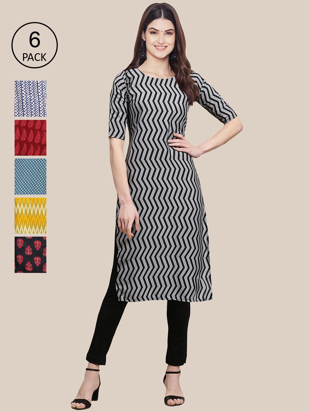 

7Threads Women Pack of 6 Grey & White Printed Thread Work Crepe Kurta