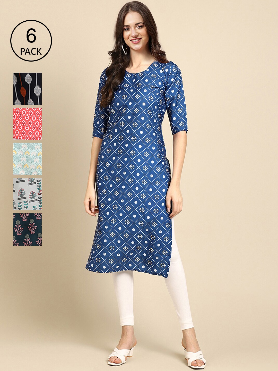 

7Threads Women Pack of 6 Printed Crepe Kurta, Blue