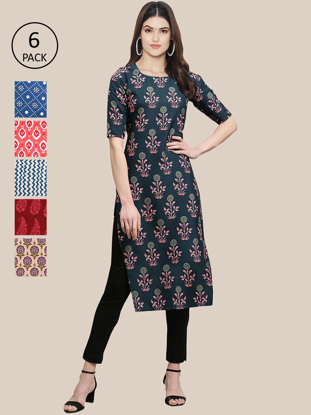 

7Threads Women Pack of 6 Green & Coral Printed Crepe Kurta
