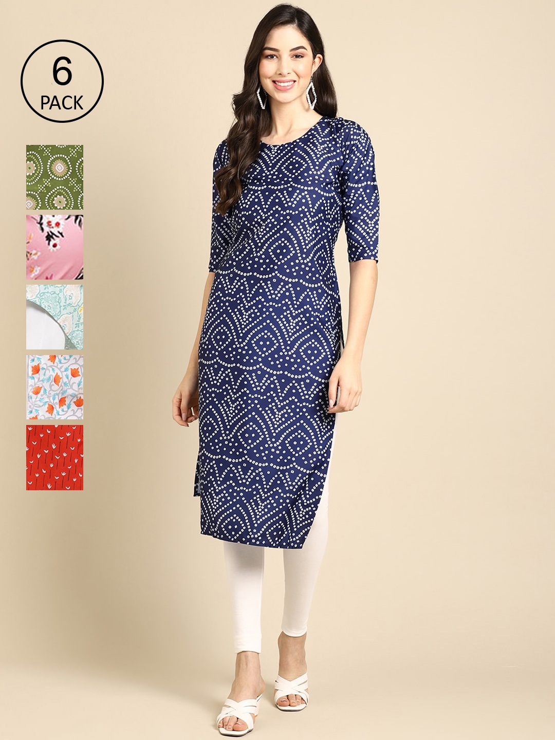 

7Threads Women Pack of 6 Printed Crepe Kurta, Blue