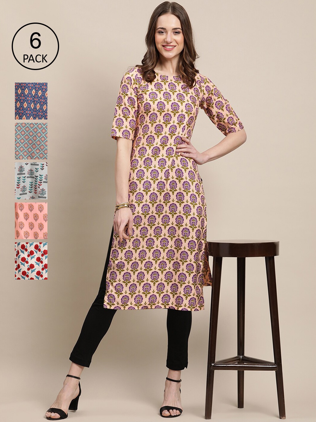 

7Threads Women Pack of 6 Ethnic Motifs Printed Crepe Kurta, Beige