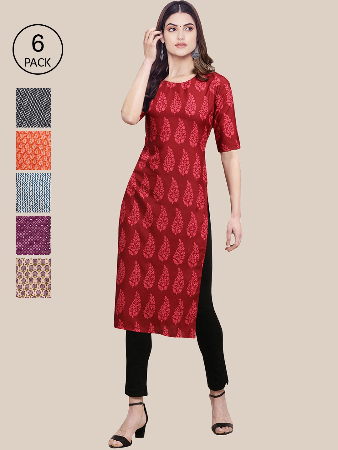

7Threads Women Multicoloured Pack of 6 Digital Printed Straight Kurta, Multi
