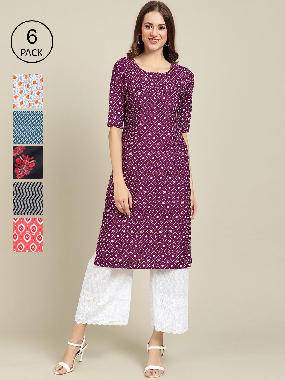 

7Threads Women Multicoloured Pack of 6 Digital Printed Straight Kurta, Multi
