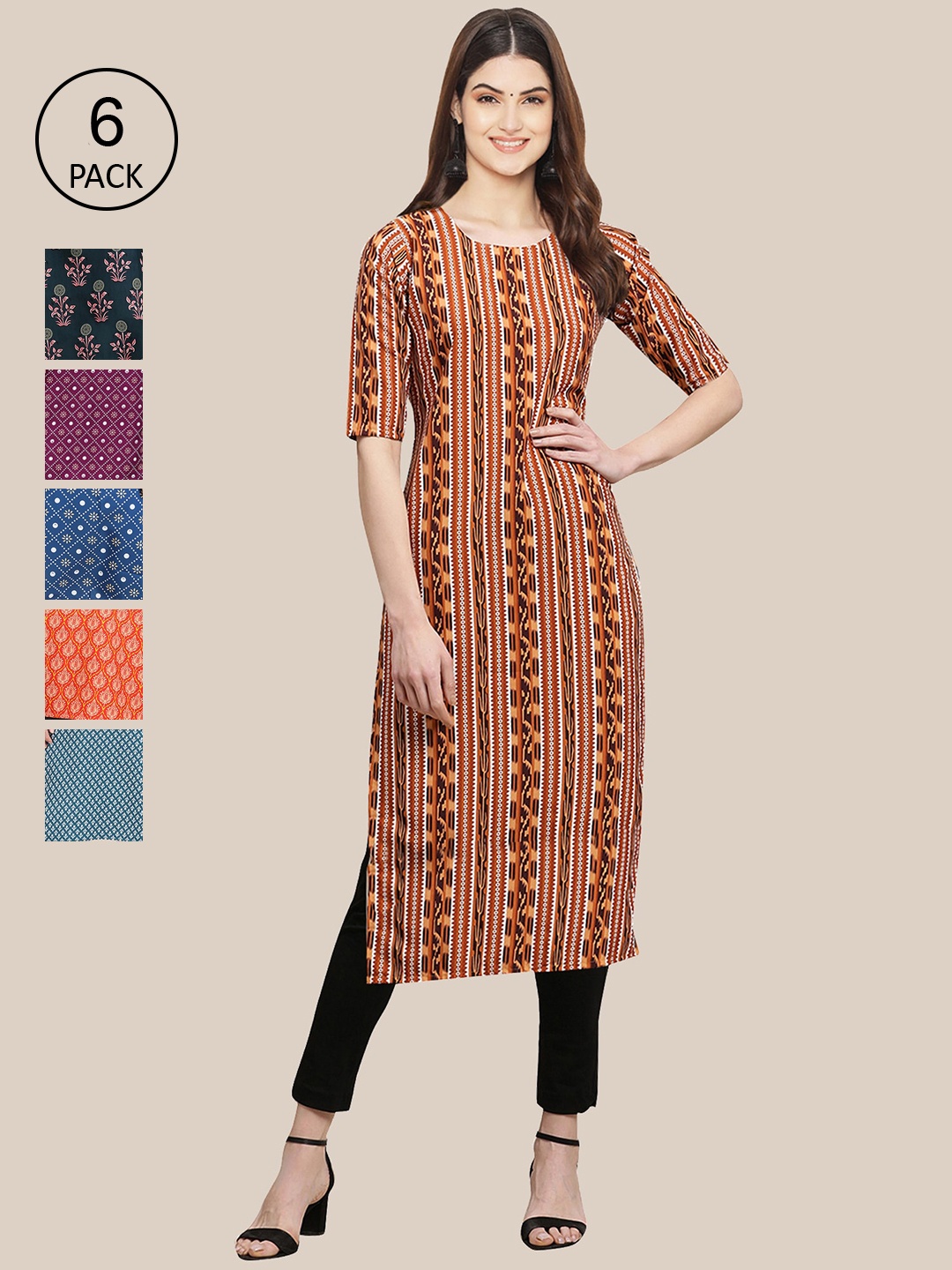 

7Threads Women Multicoloured Pack of 6 Digital Printed Straight Kurta, Multi