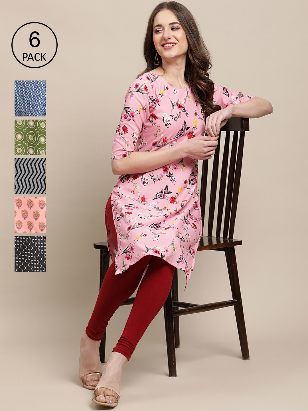 

7Threads Women Multicoloured Pack of 6 Digital Printed Straight Kurta, Multi