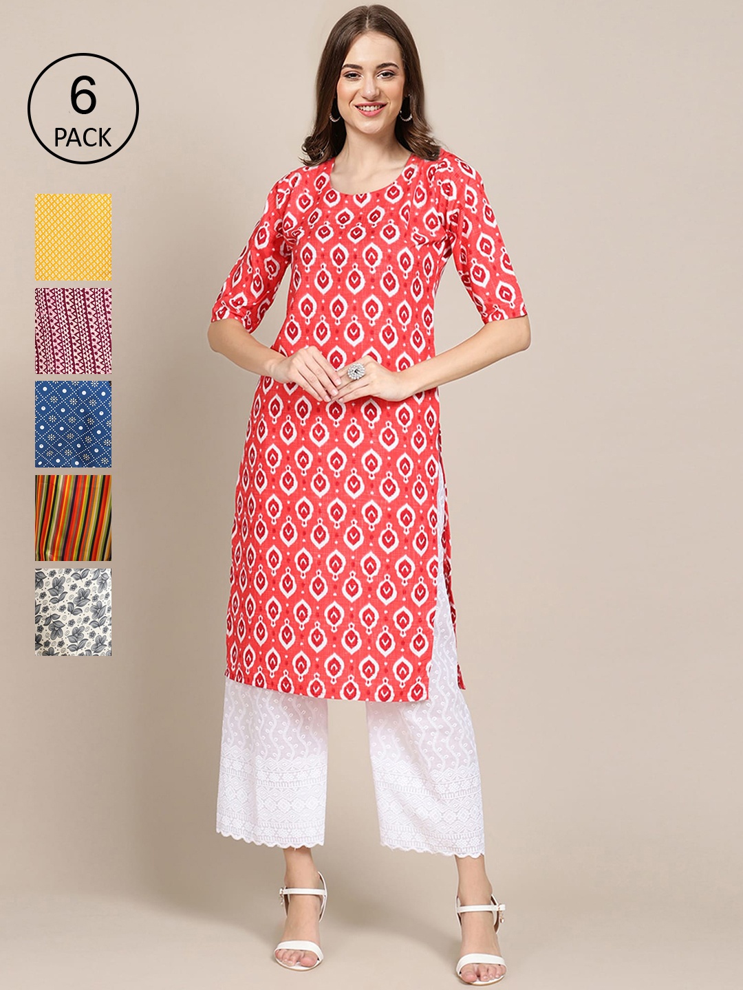 

7Threads Women Multicoloured Pack of 6 Digital Printed Straight Kurta, Multi